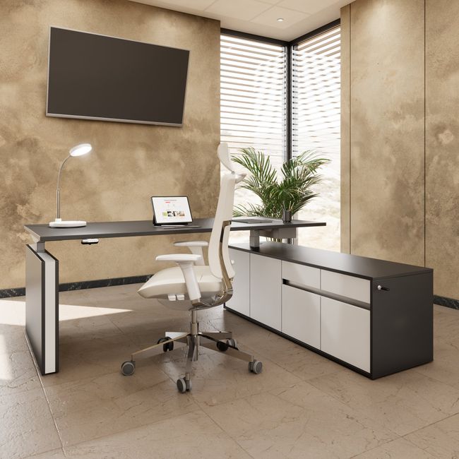 MOTION 2-Motoren-Schreibtisch mit Sideboard | Elektrisch höhenverstellbar, 2000 x 1800 mm, Anthrazit