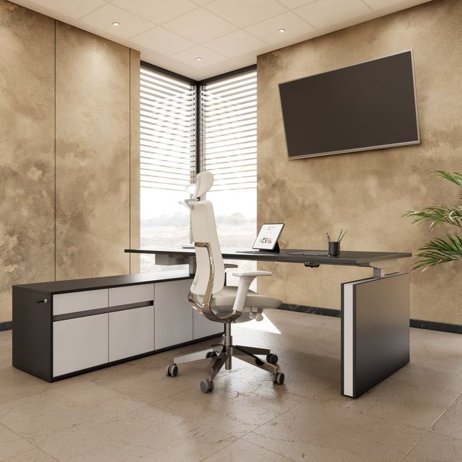 MOTION 2-Motoren-Schreibtisch mit Sideboard | Elektrisch höhenverstellbar, 2000 x 1800 mm, Anthrazit