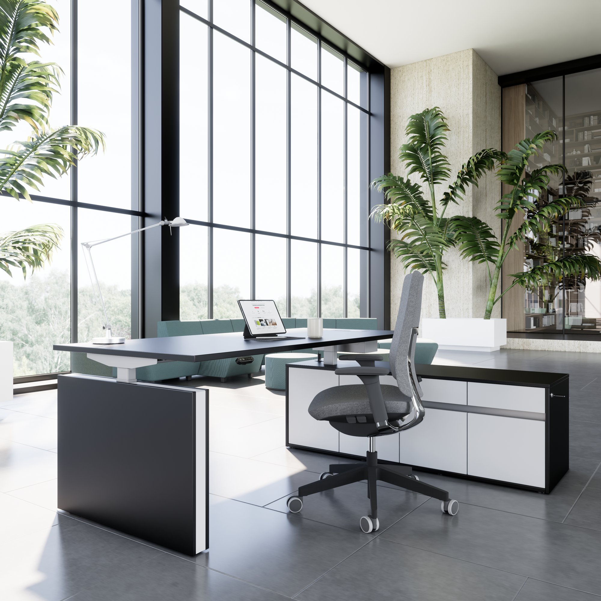 MOTION 2-motor desk with sideboard | Electrically height adjustable, 2000 x 1800 mm, black - 2 Main Image
