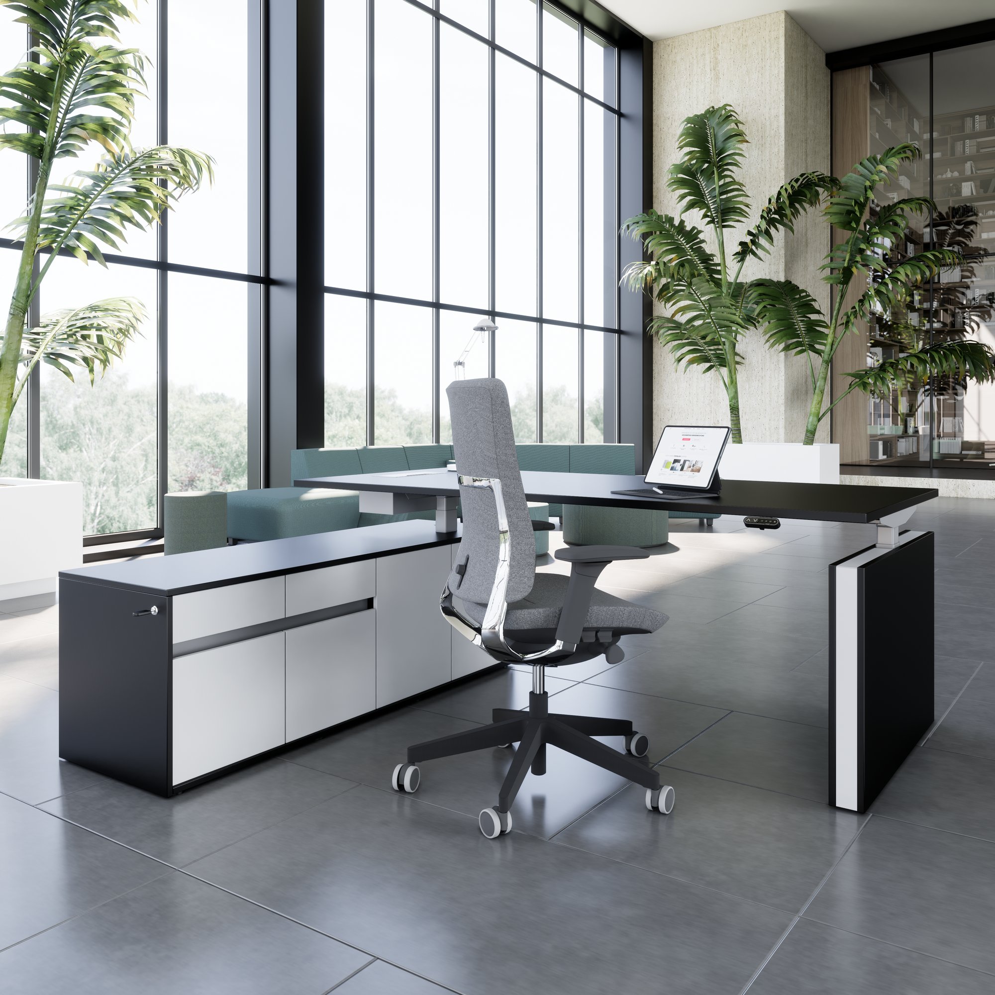 MOTION 2-motor desk with sideboard | Electrically height adjustable, 2000 x 1800 mm, black - 3 Main Image