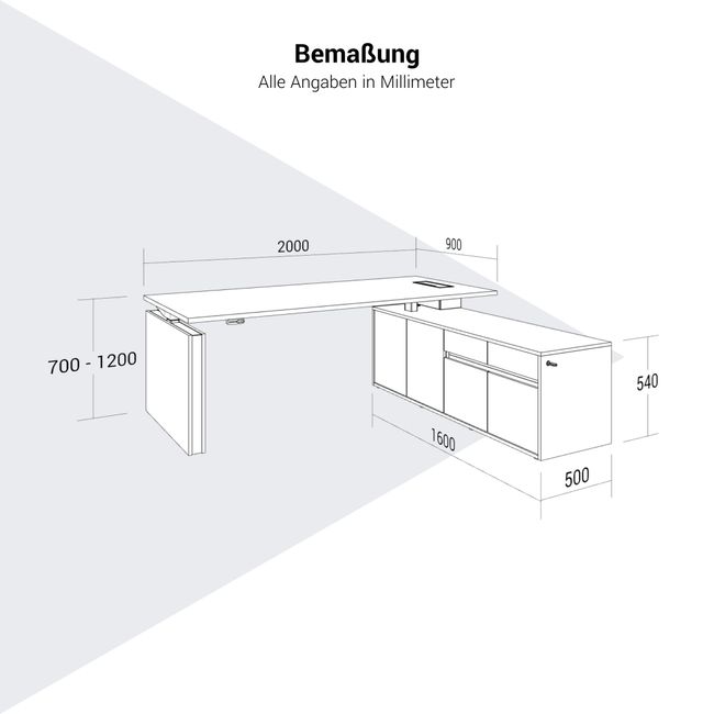 MOTION 2-Motoren-Schreibtisch mit Sideboard | Elektrisch höhenverstellbar, 2000 x 1800 mm, Schwarz
