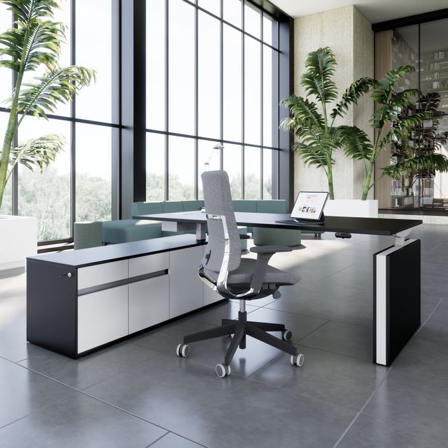 MOTION 2-Motoren-Schreibtisch mit Sideboard | Elektrisch höhenverstellbar, 2000 x 1800 mm, Schwarz