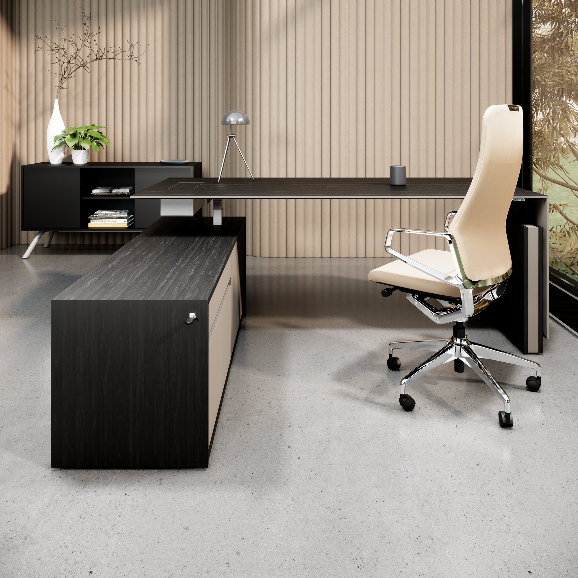 MOTION 2-Motoren-Schreibtisch mit Sideboard | Elektrisch höhenverstellbar, 2000 x 1800 mm, Esche Schwarz Furnier - 14 Main Image