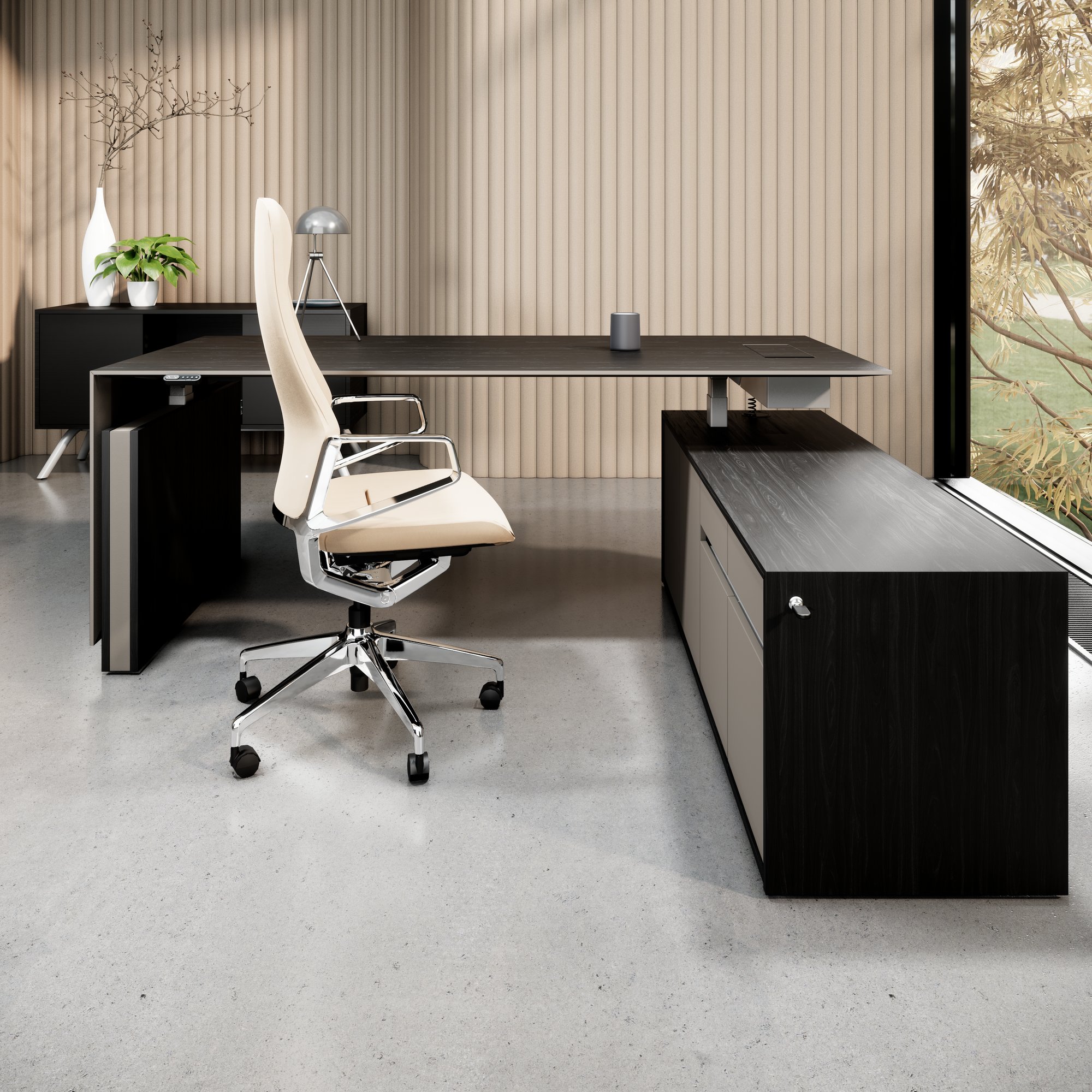 MOTION 2-Motoren-Schreibtisch mit Sideboard | Elektrisch höhenverstellbar, 2000 x 1800 mm, Esche Schwarz Furnier - 15 Main Image