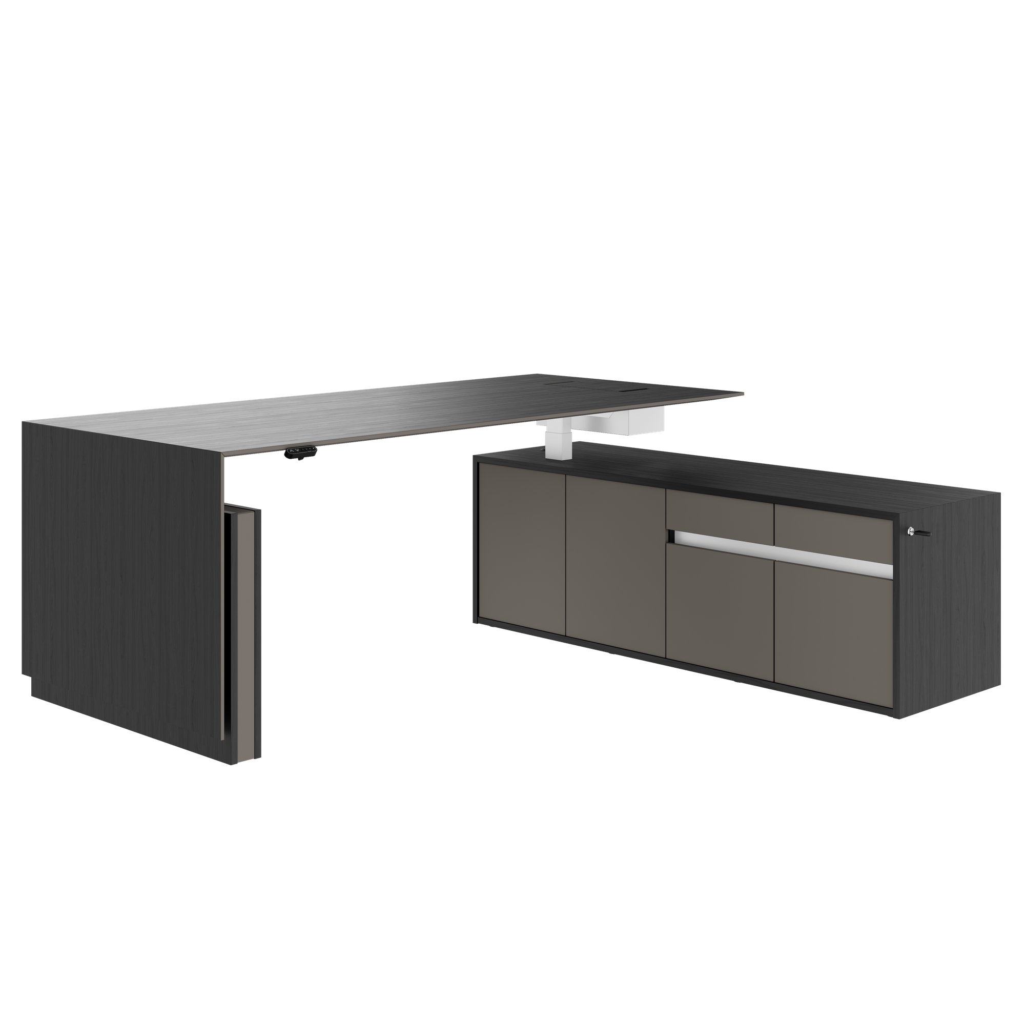 MOTION 2-Motoren-Schreibtisch mit Sideboard | Elektrisch höhenverstellbar, 2000 x 1800 mm, Esche Schwarz Furnier - 1 Main Image