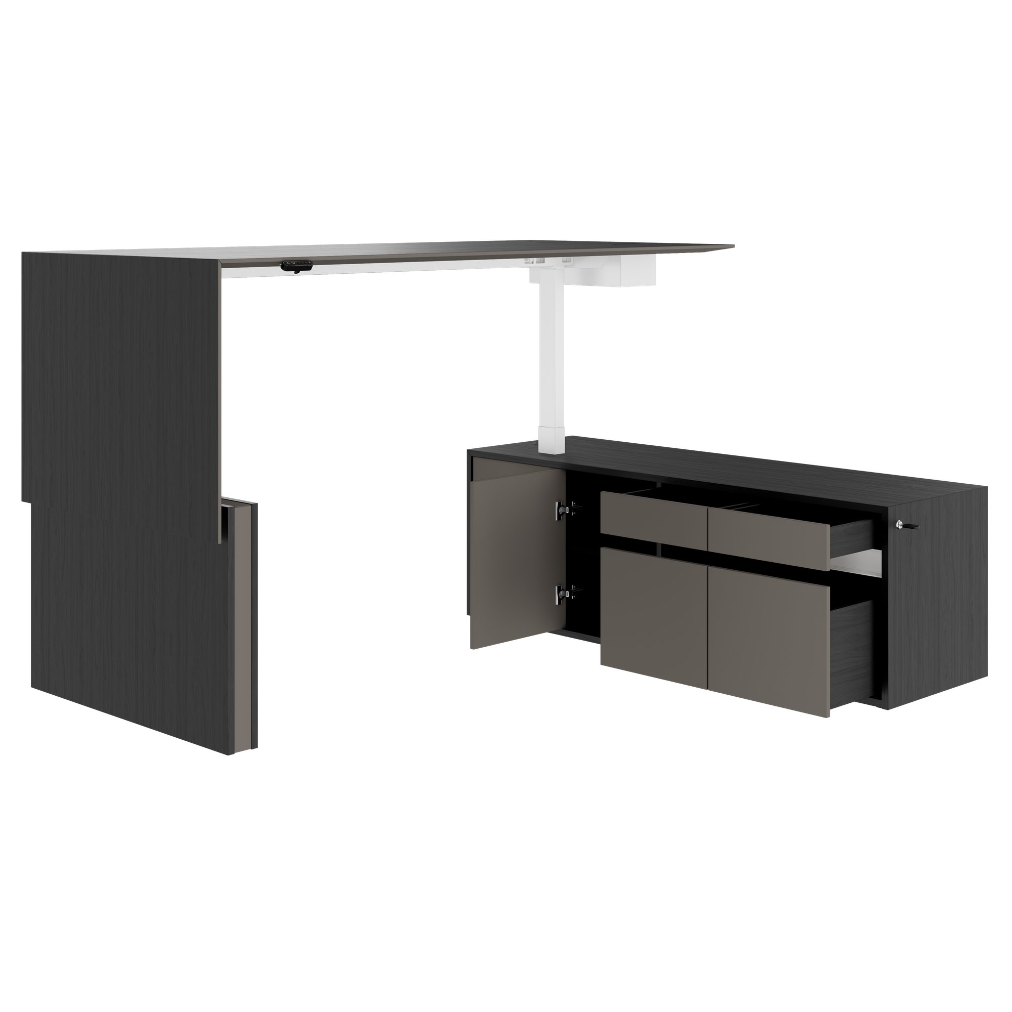 MOTION 2-Motoren-Schreibtisch mit Sideboard | Elektrisch höhenverstellbar, 2000 x 1800 mm, Esche Schwarz Furnier - 7 Main Image