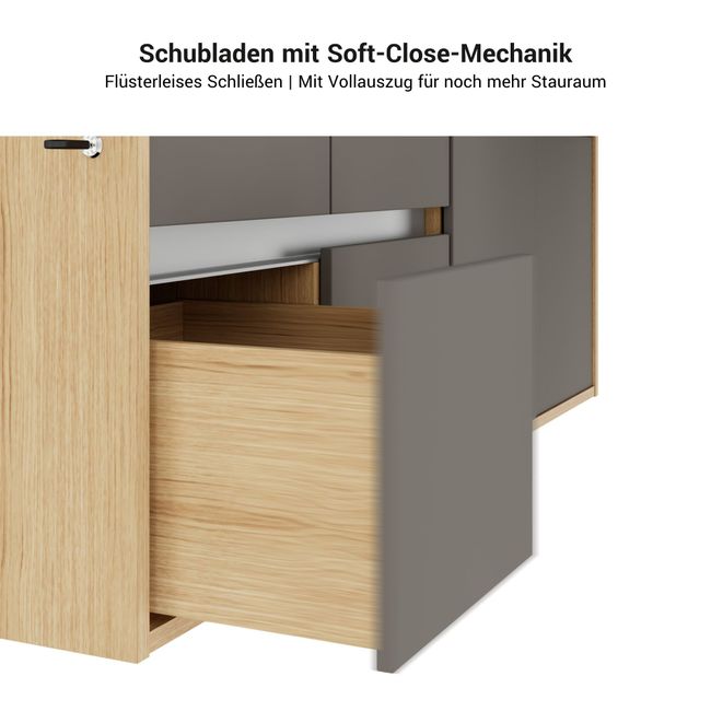 MOTION 2-Motoren-Schreibtisch mit Sideboard | Elektrisch höhenverstellbar, 2000 x 1800 mm, Esche Schwarz Furnier