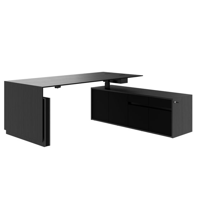 MOTION 2-Motoren-Schreibtisch mit Sideboard | Elektrisch höhenverstellbar, 2000 x 1800 mm, Esche Schwarz Furnier