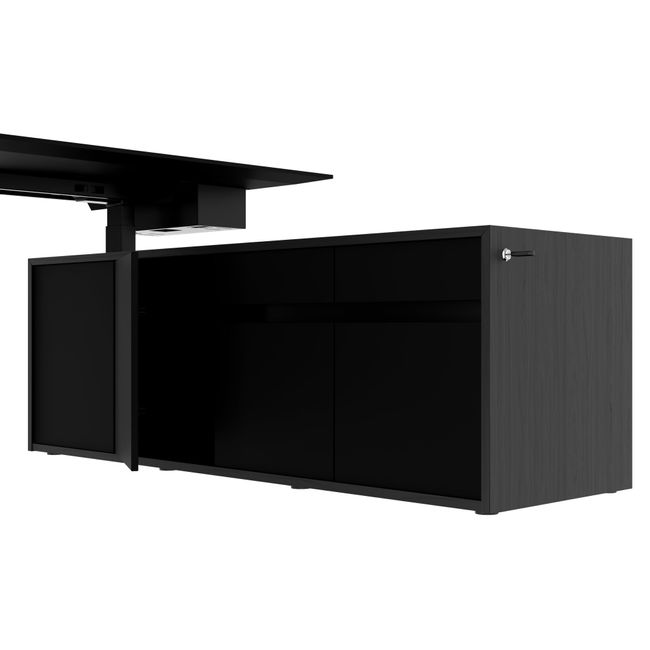 MOTION 2-Motoren-Schreibtisch mit Sideboard | Elektrisch höhenverstellbar, 2000 x 1800 mm, Esche Schwarz Furnier