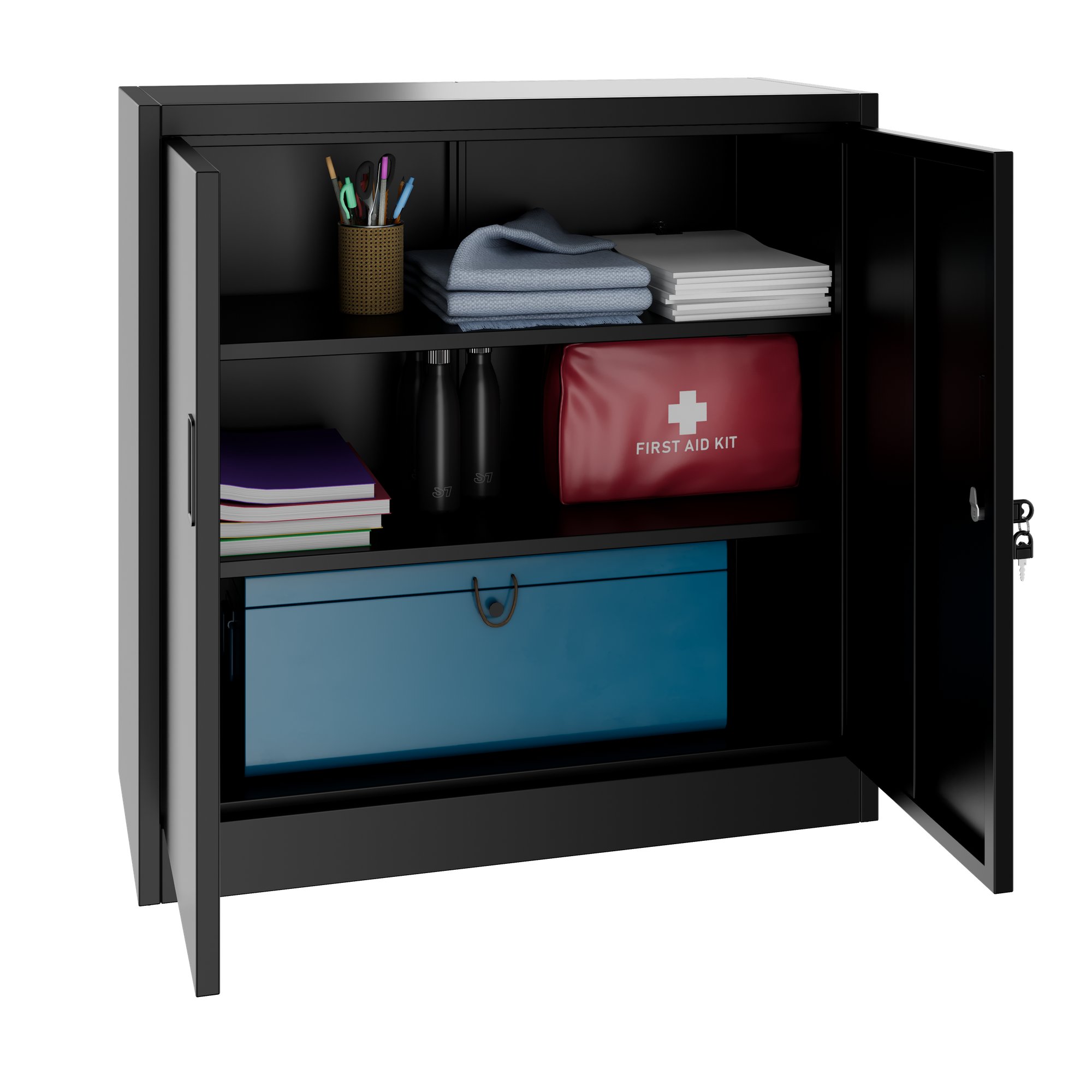Corex wing door cabinet | 2OH, 900 x 900 mm, steel body, black - 3 Main Image