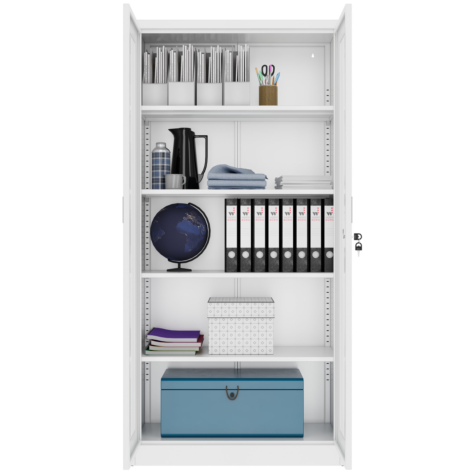 COREX Vitrinenschrank | 5OH, 900 x 1850 mm, Stahlkorpus, Weiß - 4 Main Image