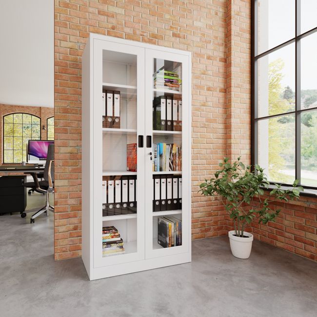 COREX Vitrinenschrank | 5OH, 900 x 1850 mm, Stahlkorpus, Weiß