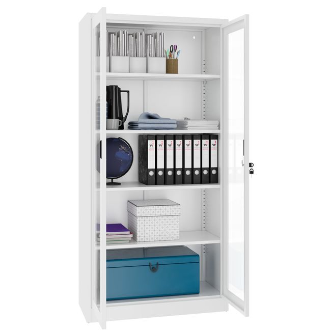 COREX Vitrinenschrank | 5OH, 900 x 1850 mm, Stahlkorpus, Weiß