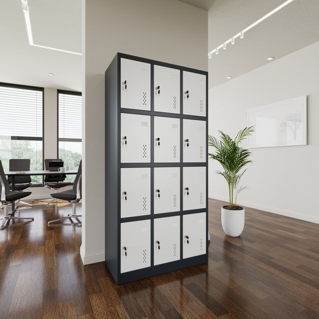 COREX Spind | 900 x 1850 mm (12 Schließfächer), Stahlkorpus, Anthrazit / Weiß
