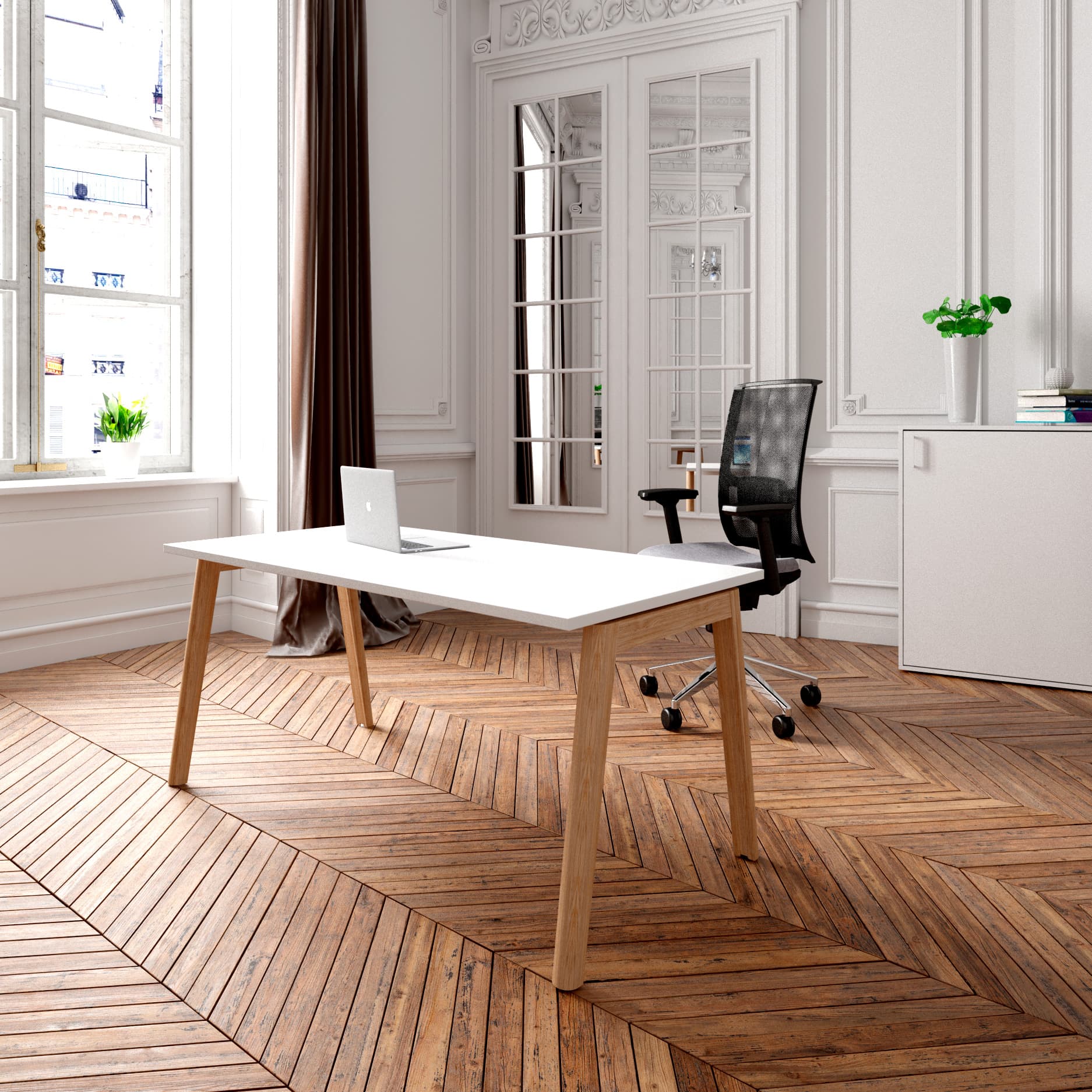 NOVA WOOD Schreibtisch | 1200 - 1800 mm, Massivholz-Gestell, Melamin - 1 Main Image