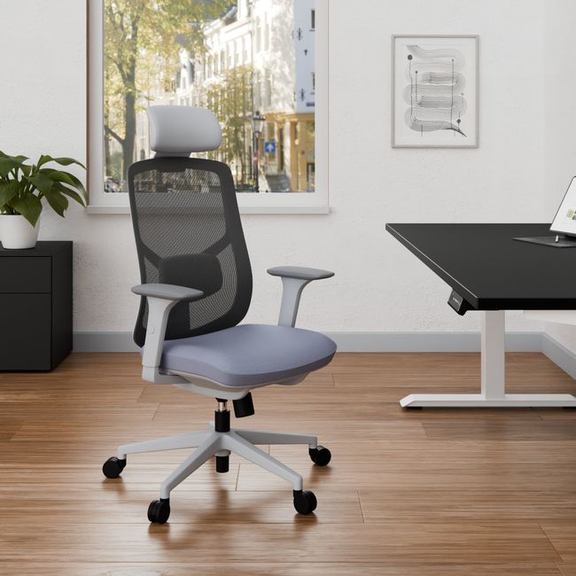 MOVE IT Bürodrehstuhl | Synchronmechanik, Kopfstütze, Grau