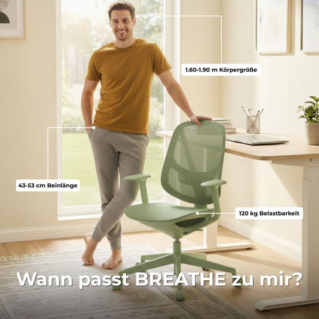 BREATHE Bürodrehstuhl | Feste Armlehnen, 5-Stern-Fußkreuz, Grau