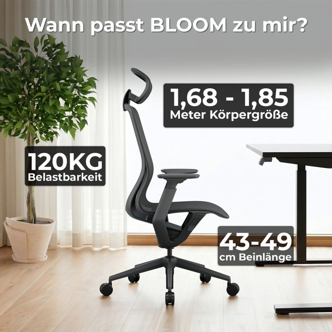 BLOOM Bürodrehstuhl | 3D-Armlehnen, Kopfstütze, Grau