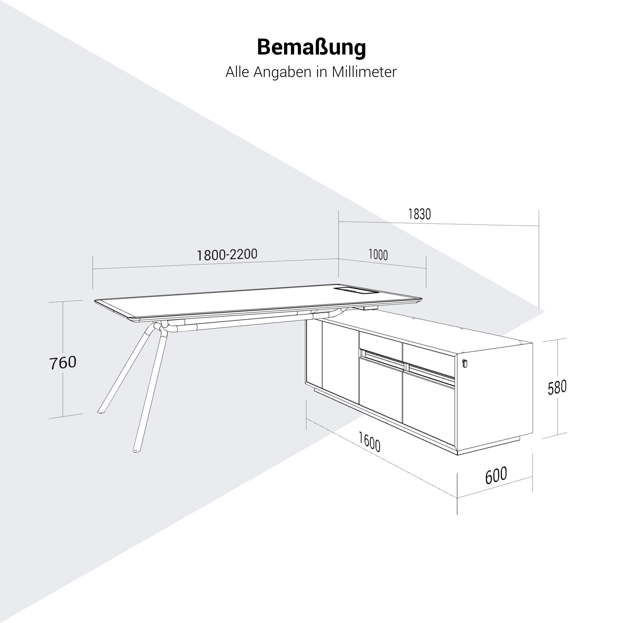 ARQUS Chefschreibtisch | 1930-2330 x 760 mm, Integriertes Sideboard, Echtholzfurnier - 20 Main Image