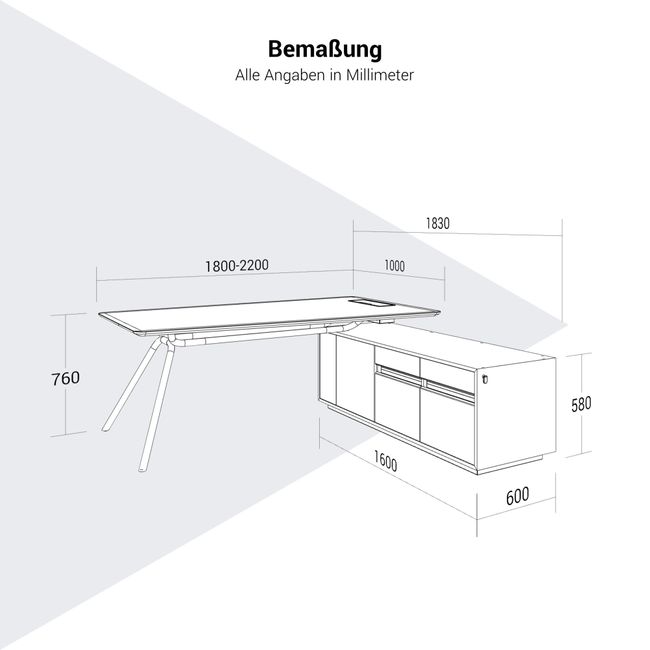 ARQUS Chefschreibtisch | 1930-2330 x 760 mm, Integriertes Sideboard, Echtholzfurnier