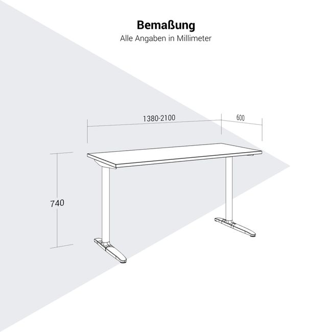 SKILL Schreibtisch | 1380-2100 x 740 mm, optional Kabelklappe, Kabelkanal und Kniesichtblende