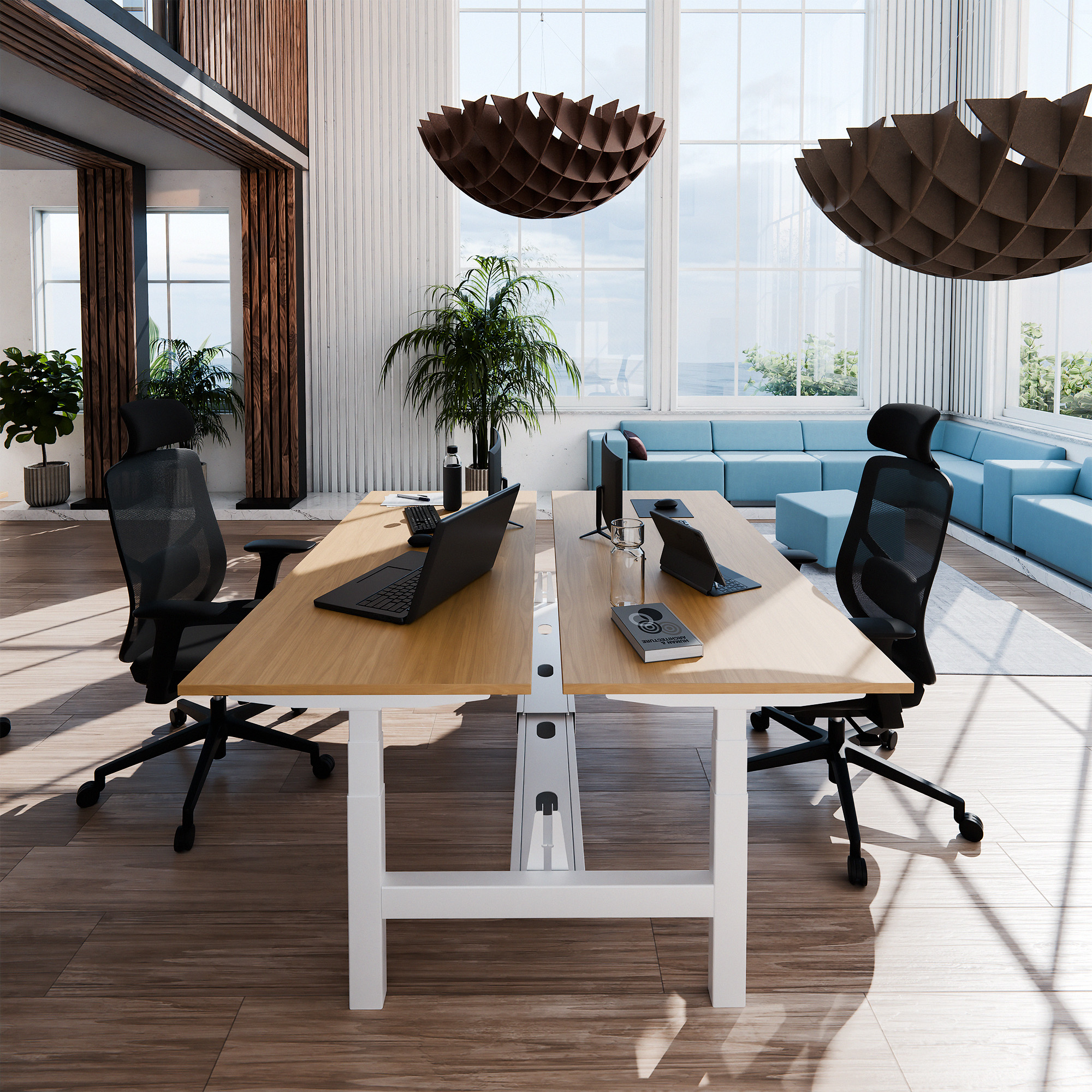 TELDRA Pro Team-Schreibtisch | 1600-1800 mm, elektrisch höhenverstellbar, Echtholz-Furnier Eiche - 3 Main Image