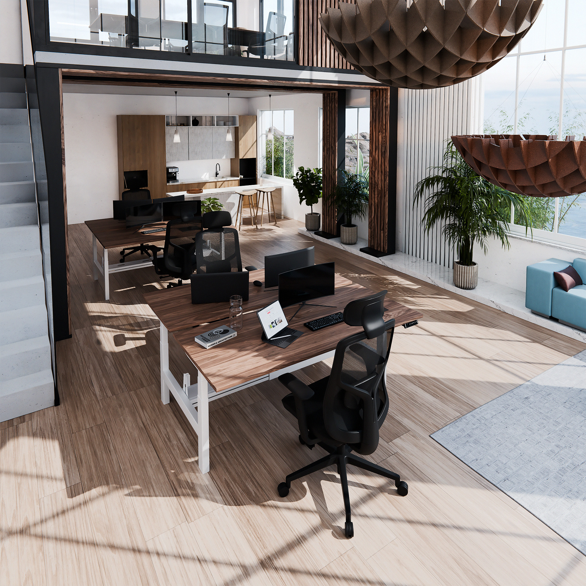 TELDRA Pro Team-Schreibtisch | 1600-1800 mm, elektrisch höhenverstellbar, Echtholz-Furnier Nussbaum - 6 Main Image