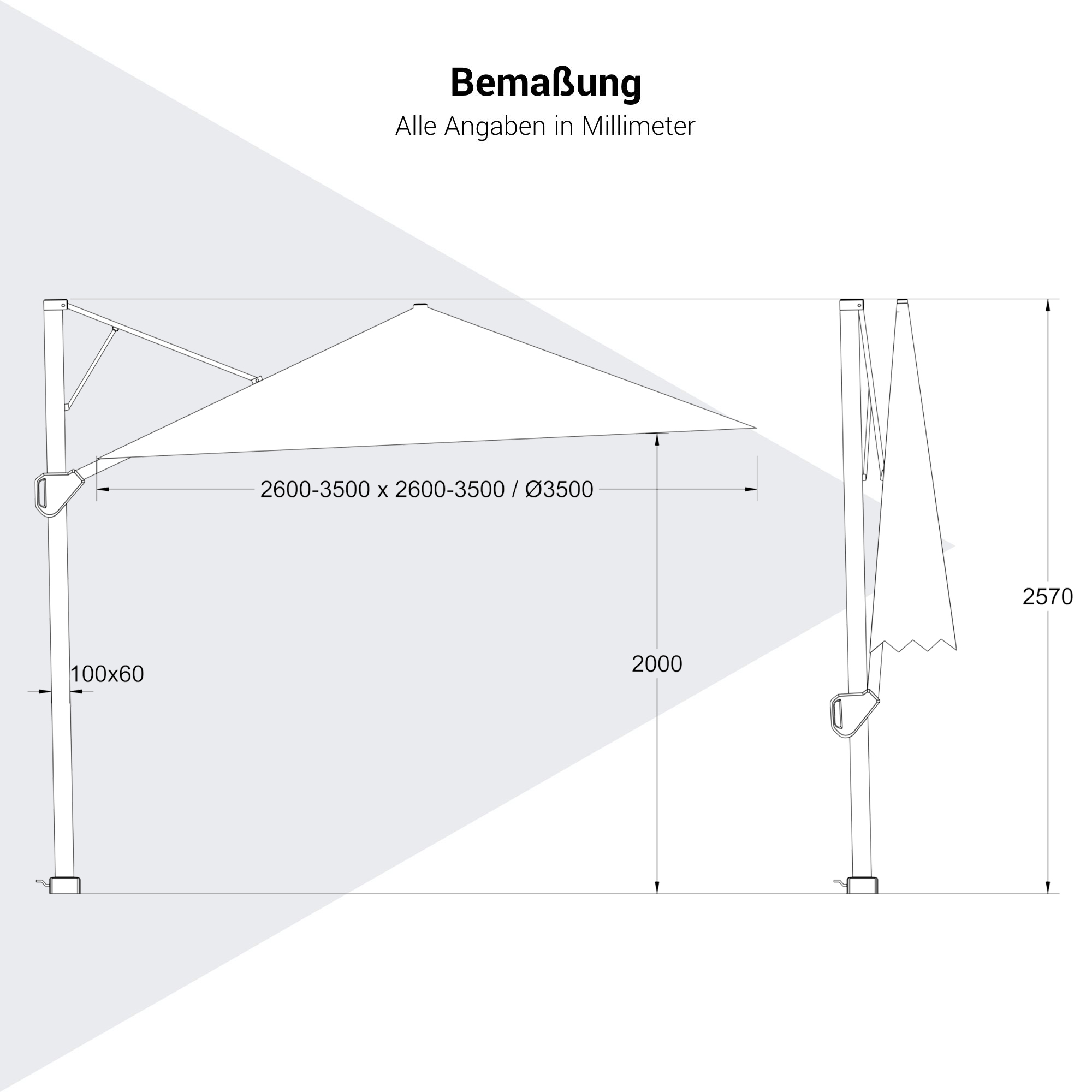 Platinum CHALLENGER T2 Ampelschirm | 2600-3500 x 2600-3500 mm, 360° drehbar, seitlich schwenkbar - 9 Main Image