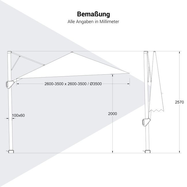 Platinum CHALLENGER T2 Ampelschirm | 2600-3500 x 2600-3500 mm, 360° drehbar, seitlich schwenkbar
