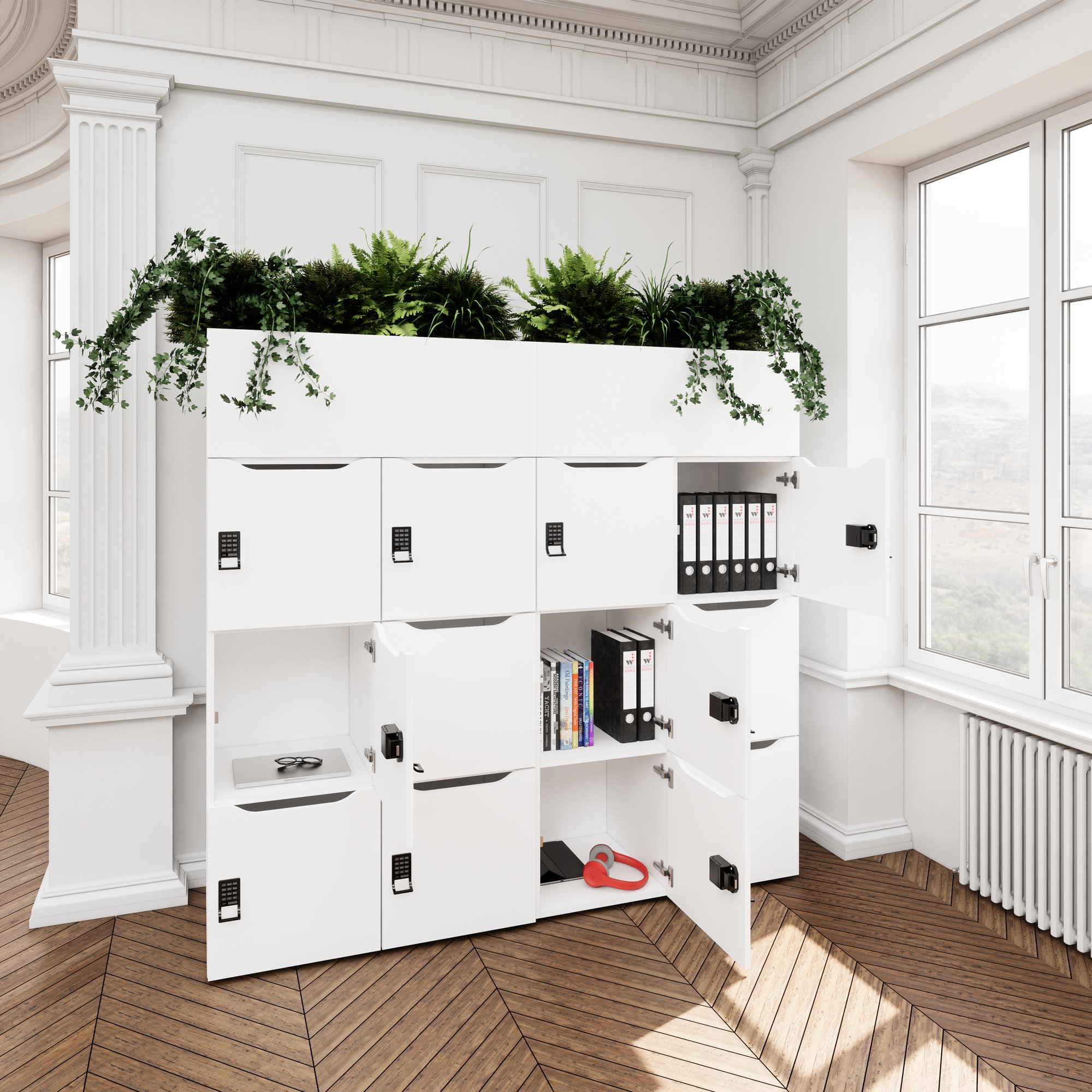 CHOICE Spind | 1800 x 1704 mm, 12 Schliessfächer, Blumenkästen, Weiss - 9 Main Image