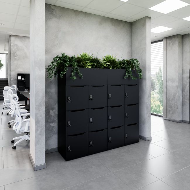 CHOICE Spind | 1800 x 1704 mm, 12 Schließfächer, Blumenkästen, Schwarz