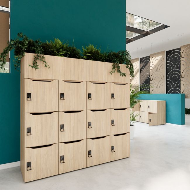 CHOICE Spind | 1800 x 1704 mm, 12 Schließfächer, Blumenkästen, Bernsteineiche