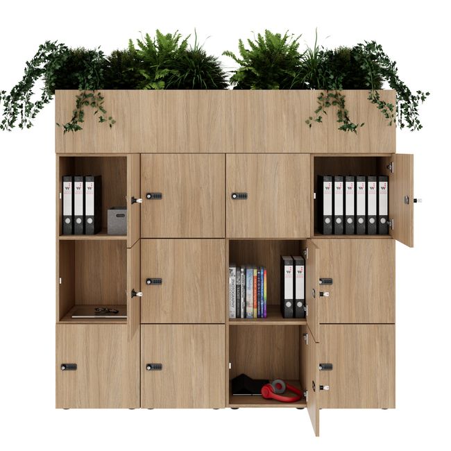 CHOICE Spind | 1800 x 1704 mm, 12 Schließfächer, Blumenkästen, Bernsteineiche