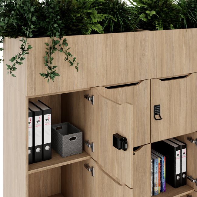 CHOICE Spind | 1800 x 1704 mm, 12 Schließfächer, Blumenkästen, Bernsteineiche