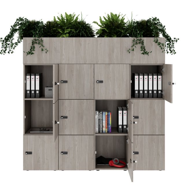 CHOICE Spind | 1800 x 1704 mm, 12 Schließfächer, Blumenkästen, Nordeiche grau
