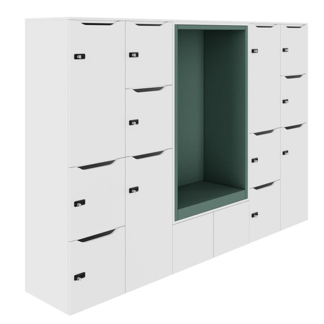 CHOICE Spind | 2706 x 1836 mm, 12 Schließfächer, Sitznische, Weiß