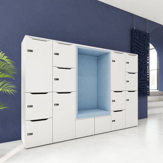 CHOICE Spind | 2706 x 1836 mm, 12 Schließfächer, Sitznische, Perlgrau