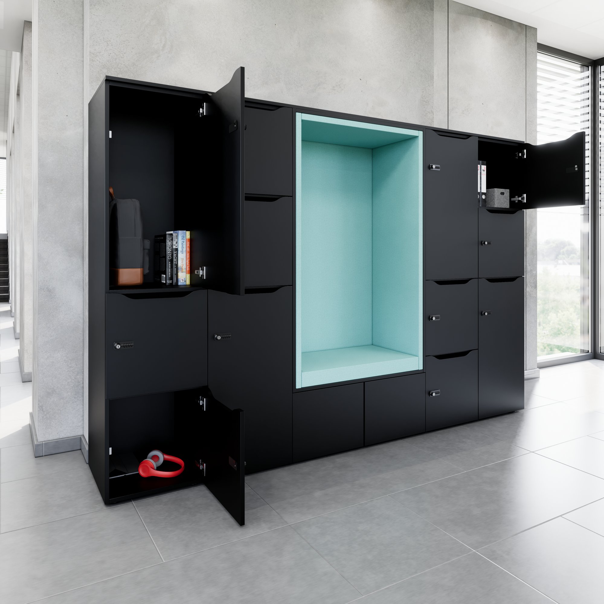 CHOICE Spind | 2706 x 1836 mm, 12 Schliessfächer, Sitznische, Schwarz - 8 Main Image