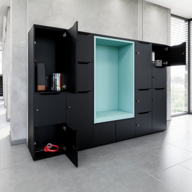 CHOICE Spind | 2706 x 1836 mm, 12 Schließfächer, Sitznische, Schwarz