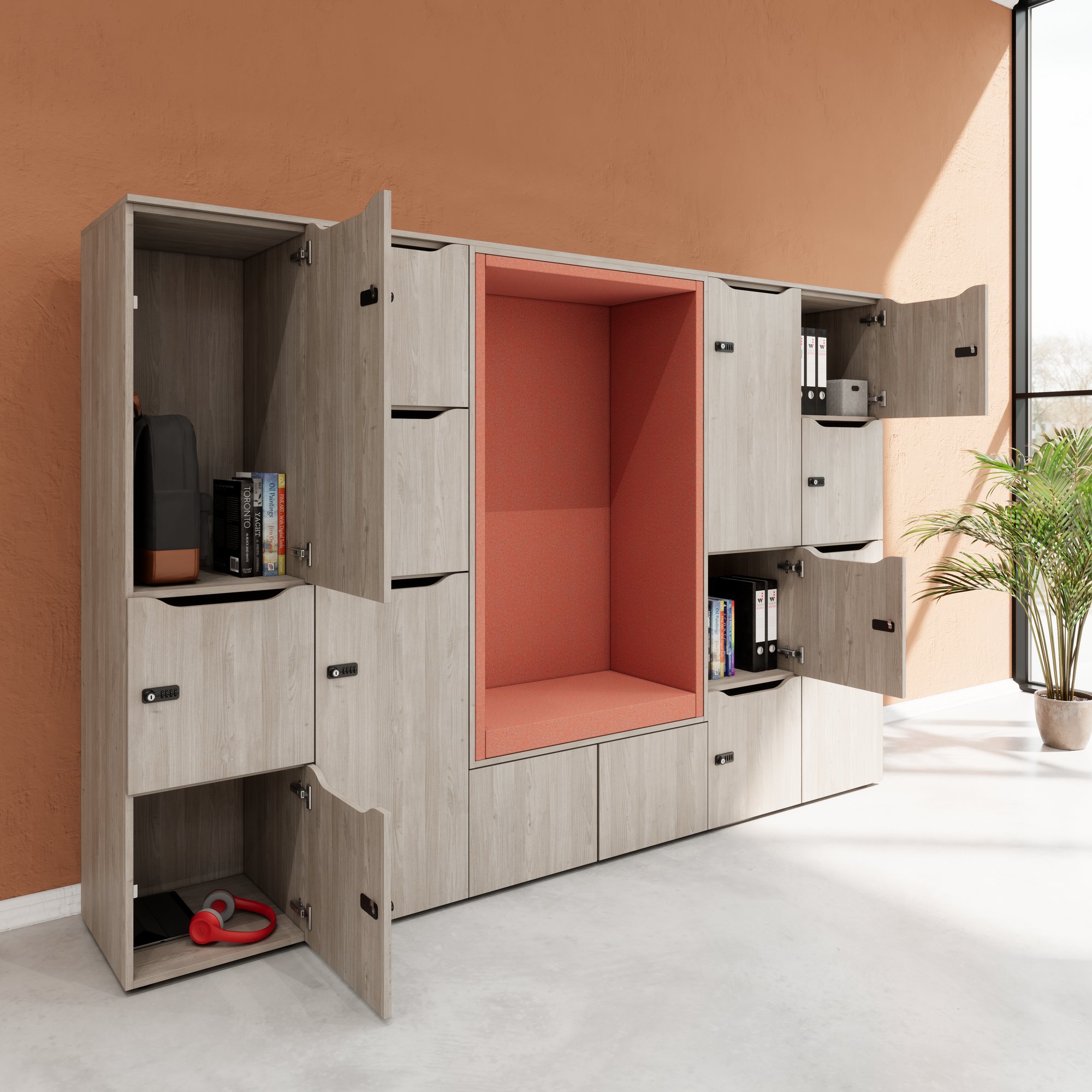 CHOICE Spind | 2706 x 1836 mm, 12 Schliessfächer, Sitznische, Nordeiche grau - 2 Main Image