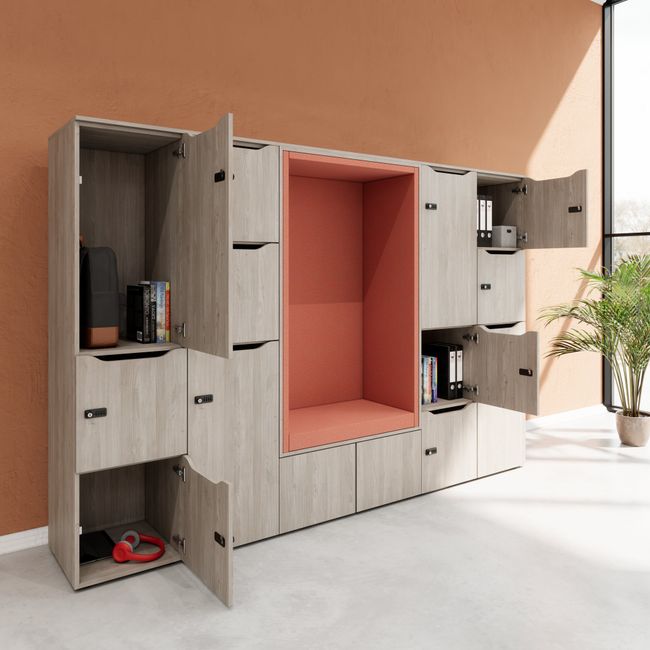 CHOICE Spind | 2706 x 1836 mm, 12 Schließfächer, Sitznische, Nordeiche grau