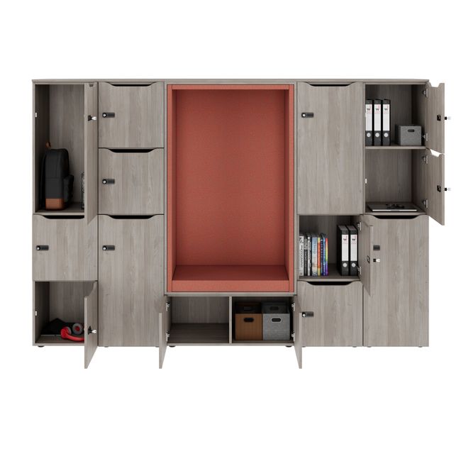CHOICE Spind | 2706 x 1836 mm, 12 Schließfächer, Sitznische, Nordeiche grau