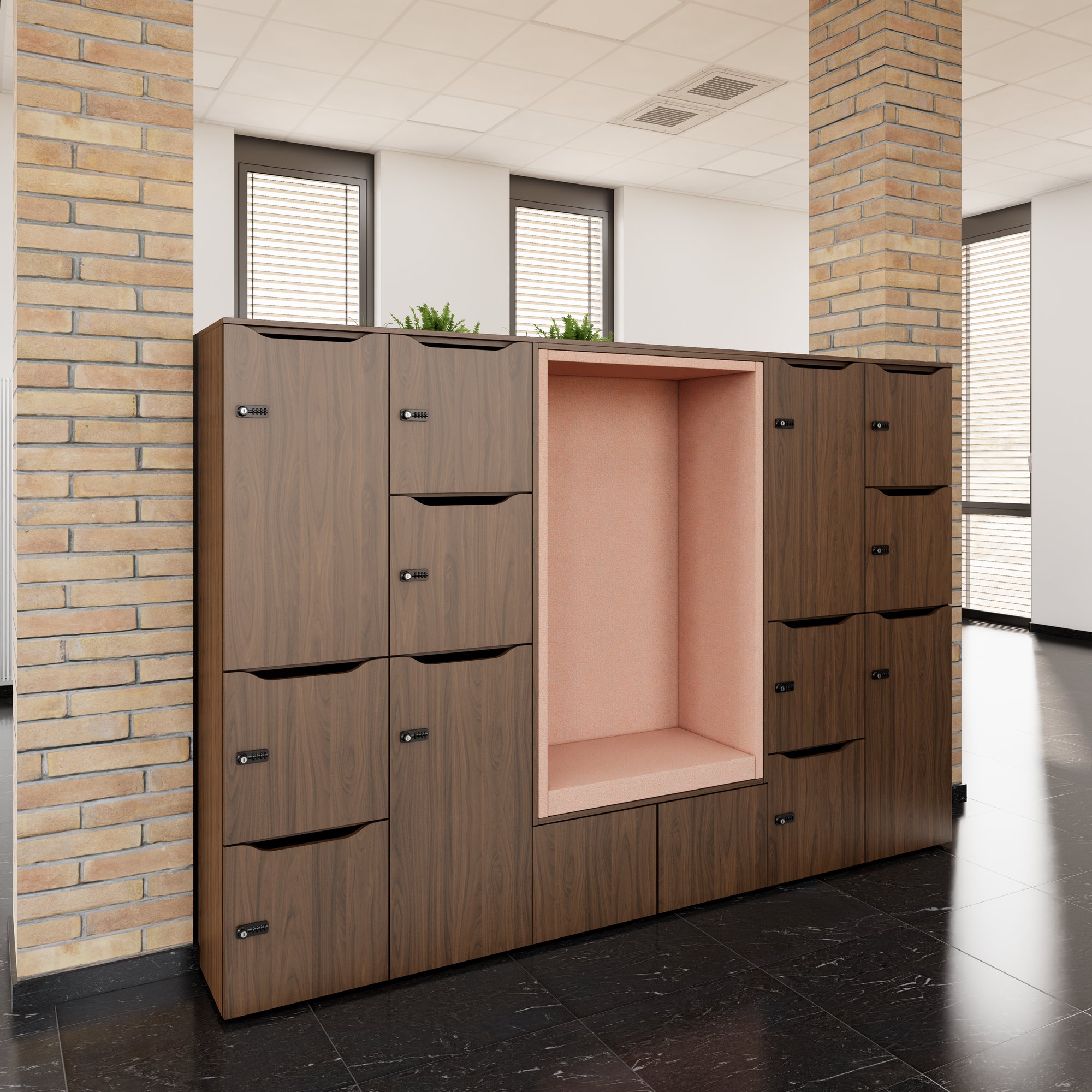 CHOICE Spind | 2706 x 1836 mm, 12 Schliessfächer, Sitznische, Nussbaum - 2 Main Image