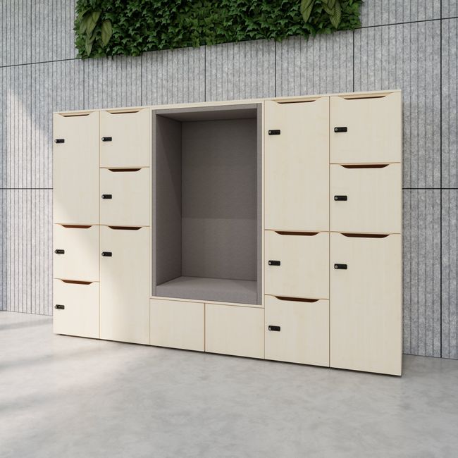 CHOICE Spind | 2706 x 1836 mm, 12 Schließfächer, Sitznische, Ahorn