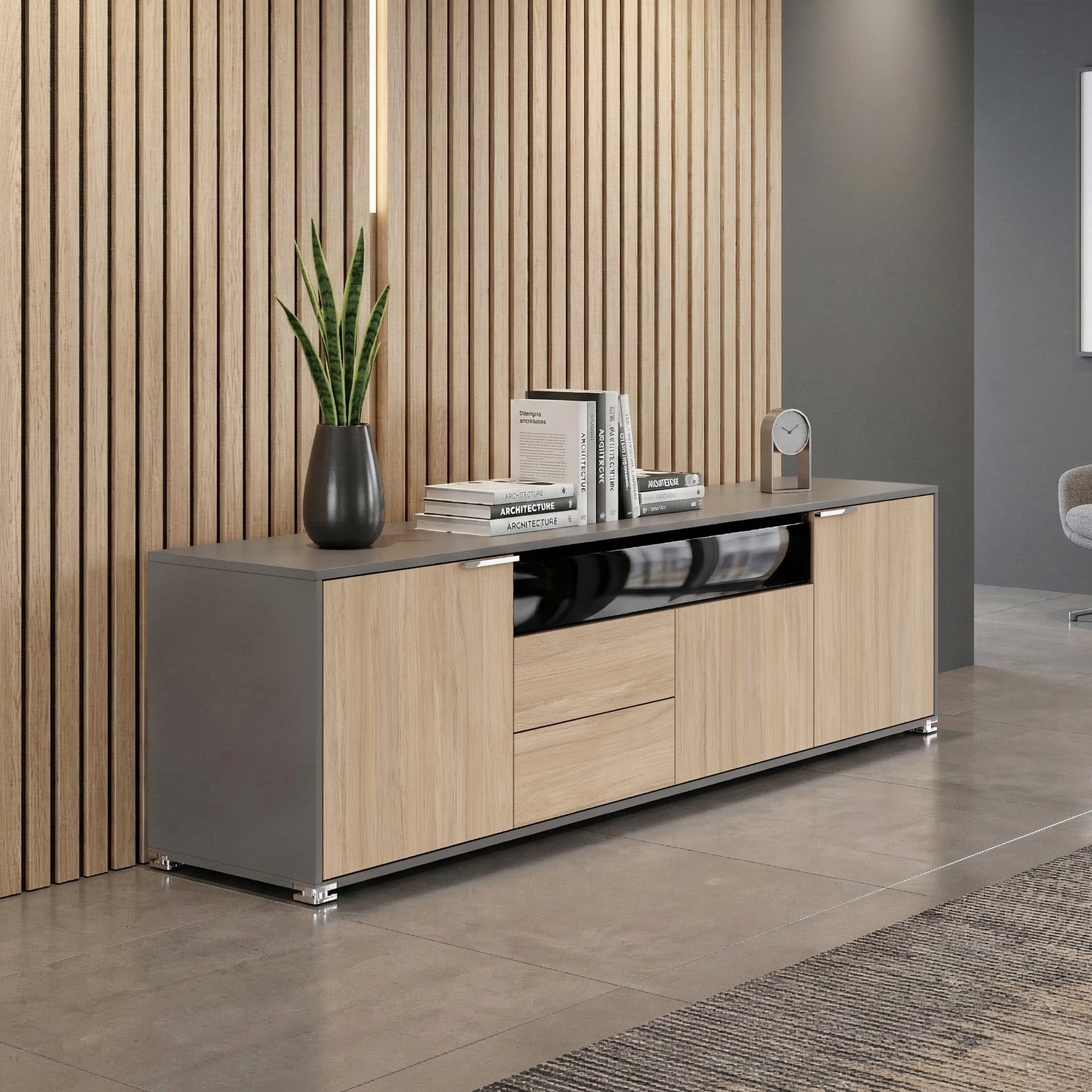 Buffet ARCOSIA | 2215 x 615 mm, tiroir avec façade en verre, système d'ouverture par pression - 2 Main Image