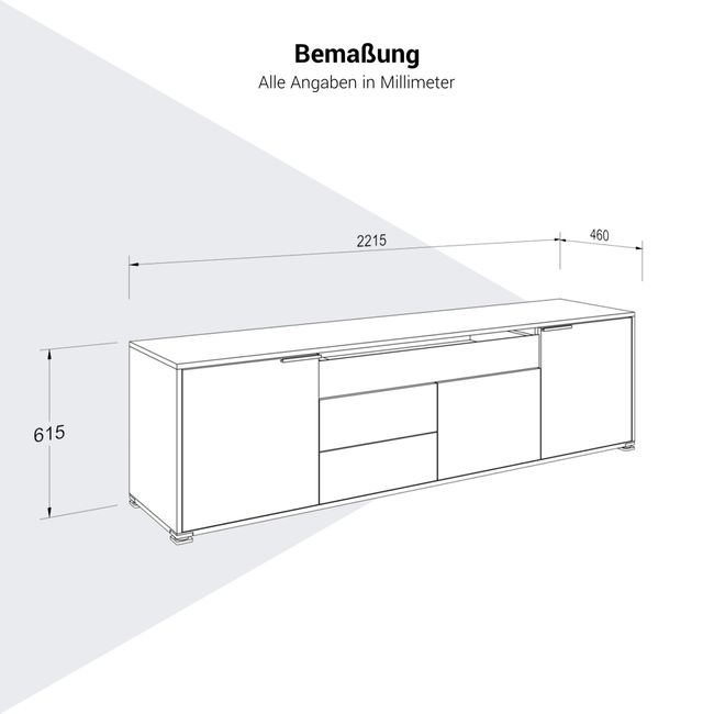 ARCOSIA Sideboard | 2215 x 615 mm, Schublade mit Glasfront, Push-to-Openpen