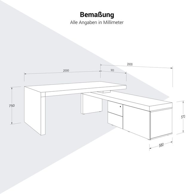 ATICA Chefschreibtisch | 2000 x 2000 mm, Integriertes  Lowboard