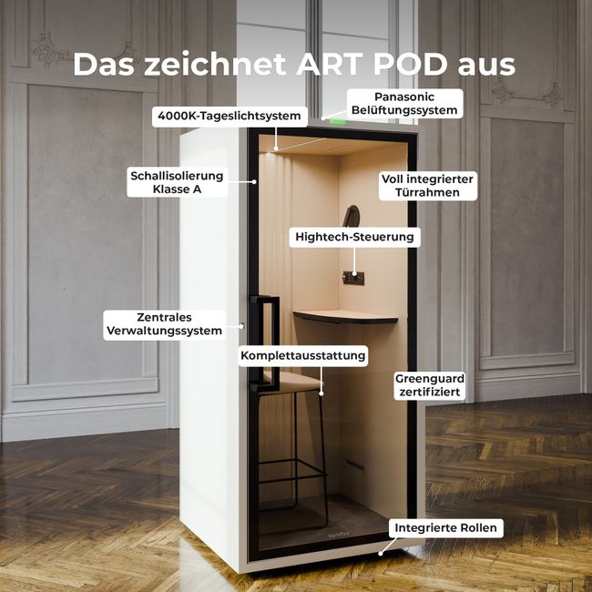 Soundbox ART POD S Telefonbox | Schallschutz Klasse A | Für 1 Person | Tisch & Barhocker | Belüftung, Beleuchtung & Stromversorgung | Für Großraumbüros
