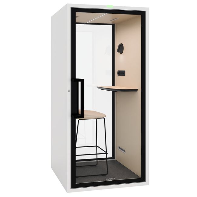 Soundbox ART S Telefonbox | Schallschutz Klasse A | Für 1 Person | Tisch & Barhocker | Belüftung, Beleuchtung & Stromversorgung | Für Großraumbüros