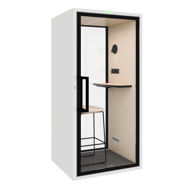 Soundbox ART POD S Telefonbox | Schallschutz Klasse A | Für 1 Person | Tisch & Barhocker | Belüftung, Beleuchtung & Stromversorgung | Für Großraumbüros